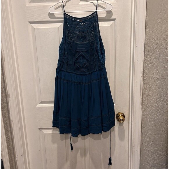 FREE PEOPLE Womens Lace Teal Blue Emily Mini Dress Large Beachy Boho Festival - Picture 9 of 11